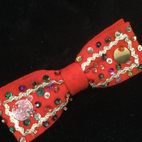 1950s Christmas Bow Tie Red Felt Sequins Handmade