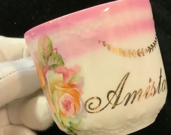 Vtg “Amistad” Floral Demitasse Coffee Cup/Spanish Friendship Teacup/Transfer Pink Rose Flower/Porcelain China/Vintage