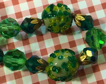 1950 Green Crystal Beaded Necklace-Choker/Bumpy Beads/Sugar Coated/Czech Art Glass Lamp-Work Beads/19”L/St. Patricks Day/Christmas/Vintage