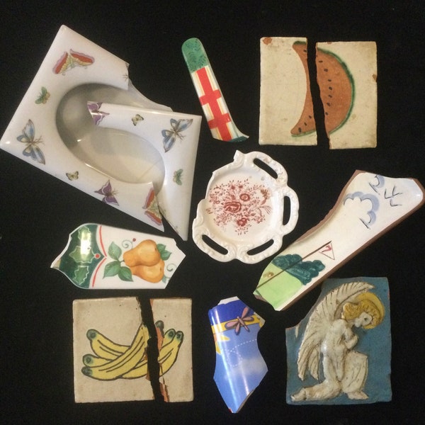 Ceramic Mosaic Shard Tile Broken China Pieces/DIY Arts & Craft Supply/Pique Assiette 12 Piece LOT