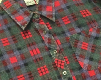 80s Woman’s Red Flannel Plaid Shirt-Blouse-Top/“Haband”/Button-Up/Collar/Long Sleeve/Size Large (chest 46”) Vintage 1980