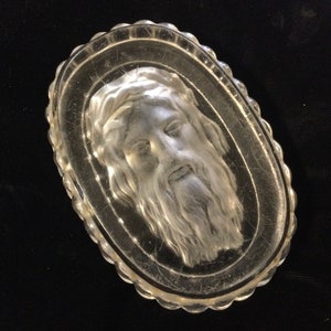 Jesus Figurine Paperweight Sculpture/Religious Cameo Intaglio Glass/Catholic Icon Shrine/Oval 5”L/Vintage