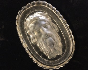 SALE—-Jesus Glass Paperweight/Religious Cameo Intaglio/Catholic Icon Shrine/Oval 5”L/Vintage