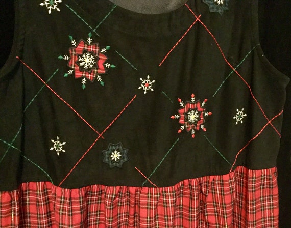 1970s Red Plaid Christmas Dress Jumper Embroidered