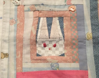 Easter Baby Quilt-Crib Throw/Bunny Rabbit Animal/Patchwork Log Cabin/Appliqué/Embroidered Pink+Blue Print/Small 30x36”/Handmade/Vintage