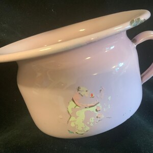 Enamelware Chamber Pot/Child Bathroom Potty/Pee Pot/Flower Pot/Plant Pot/Pink Metal/Handle/Chippy-Paint/Small Vintage