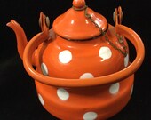 Rare Metal Enamel Teapot Kettle Orange Polka-Dot with Lid Chain Small Unmarked Mint Condition Vintage