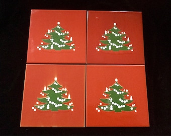 Waechtersbach Christmas Trivet-Hotplate-Tile-Plaque/Red Ceramic Xmas Holiday Decor/Small 6” Square/4 Piece SET/Vintage