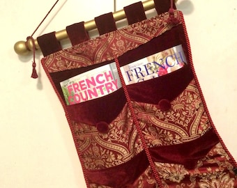 Chrisrmas Card Holder Wall Pocket Organizer/Hanging Display Rack/Red Burgundy Velvet+Tapestry Fabric/Large/Vintage 1990s