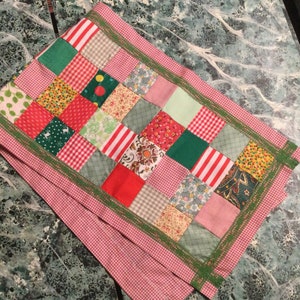 Christmas Table Runner/Quilted Patchwork Tablerunner/Red+Green Print Cotton/Small 11x36”/Handmade Xmas Decor/Vintage