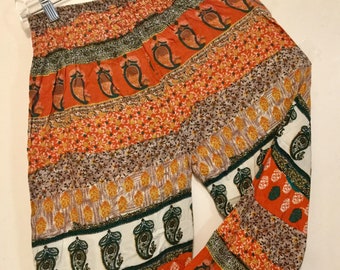 Paisley Print Harem Pants/Orange & Green Cotton/Baggy/Elastic Waist/Bohemian-Style/Made in India/Boho-Hippie/Woman's Small/Vintage