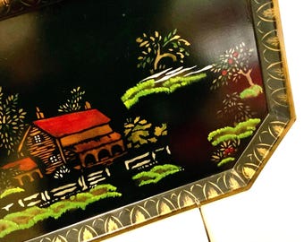 Tole Tray/Vintage Toleware/Stenciled/Black Metal/Log Cabin House/Primitive Country Landscape/Small Rectangle 10.5x16.5”/Handmade