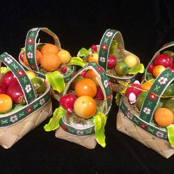 Mini Fruit Basket Ornament/Faux Fruit/Wicker Chipwood/Austrian Ribbon/Christmas Kitchen Decor/Handmade/Small 6 Piece Set/Vintage