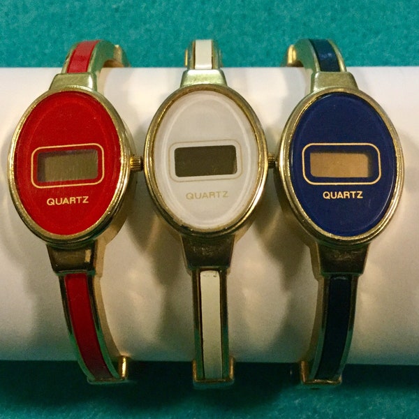 Watch Parts & Pieces/BROKEN/Craft Supply/Quartz/Plastic/Red-White-Blue/Gold-Tone/Hong Kong/3 Piece SET/Vintage 1970-1980s