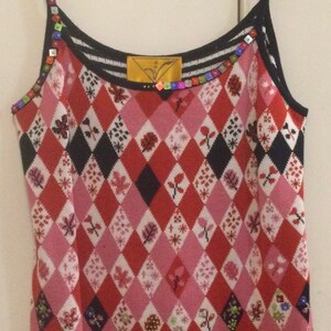 Beaded Tank Top-Camisole/Floral-Argyle Print/Pink-Black/Rayon-Cotton Knit/Womans Size Small chest 32 Vintage 1990s image 3