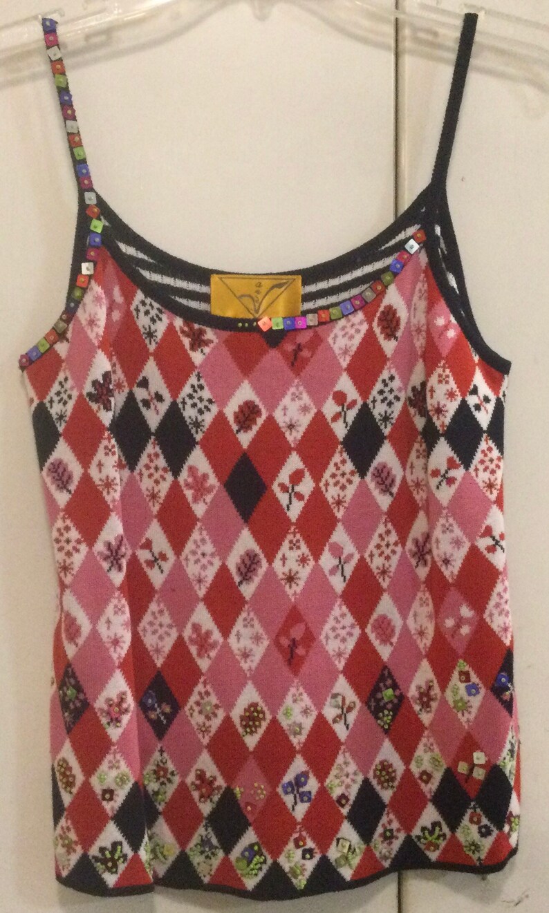 Beaded Tank Top-Camisole/Floral-Argyle Print/Pink-Black/Rayon-Cotton Knit/Womans Size Small chest 32 Vintage 1990s image 3