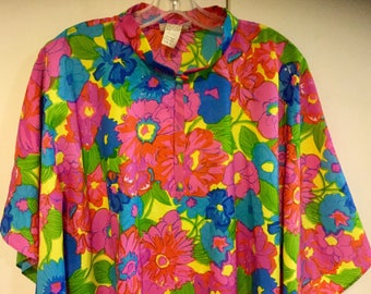 70s Floral Hawaiian Caftan-Kaftan-Muu Muu-Maxi Dress “Kahala” Pink Flower Print/Made-in-Hawaii/Long/Woman&#39;s ONE SIZE/Vintage 1970s