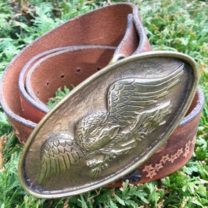 Brass American Eagle Belt Buckle & Leather Belt/USA Seal/Hand-Forged/Hand-Tooled/Genuine Leather/Spread Eagle/Western/JB Signed/Vintage