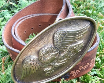 Brass Belt Buckle/Eagle Belt Buckle/Hand Forged/US Seal/Hand-Tooled/Genuine Leather/Spread Eagle/Western/JB Signed/Vintage