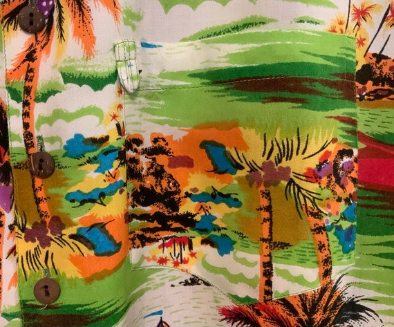Vtg Hawaiian Shirt/Red & Green Tropical Print/Par… - image 7