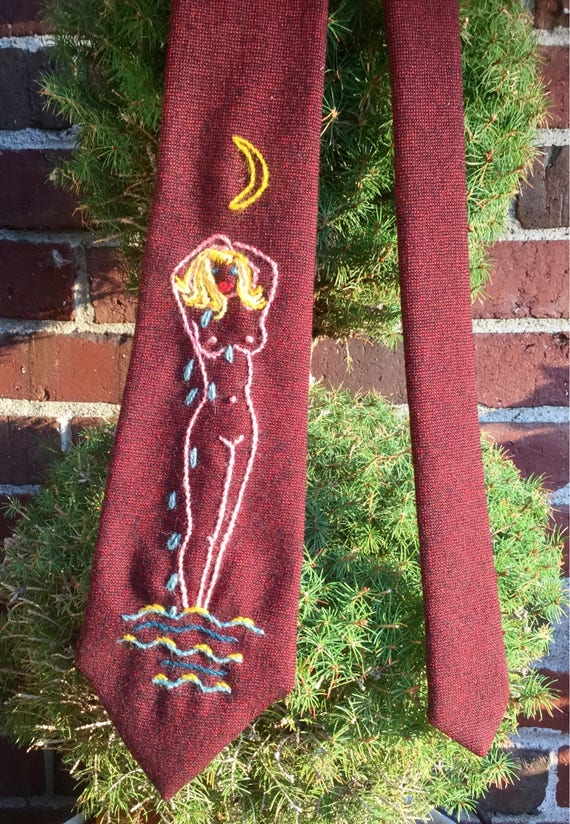 SALE—-50s Mens Embroidered Necktie-Tie/Red Wool/P… - image 3