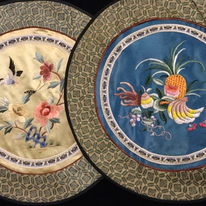 Chinese Embroidered Doily/Silk Needlework/Floral-Bird-Fruit/Pink-Green-Blue-Gold/NWT/Small Round 12”/Unframed/2 Piece Set/Handmade/Vintage