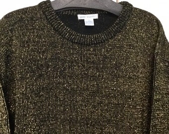 Black Metallic Knit Sweater/Pullover/Gold Acrylic/Crew Neck/Long Sleeve "Jamie Scott" Woman's (Chest 42”) Vintage 1980s
