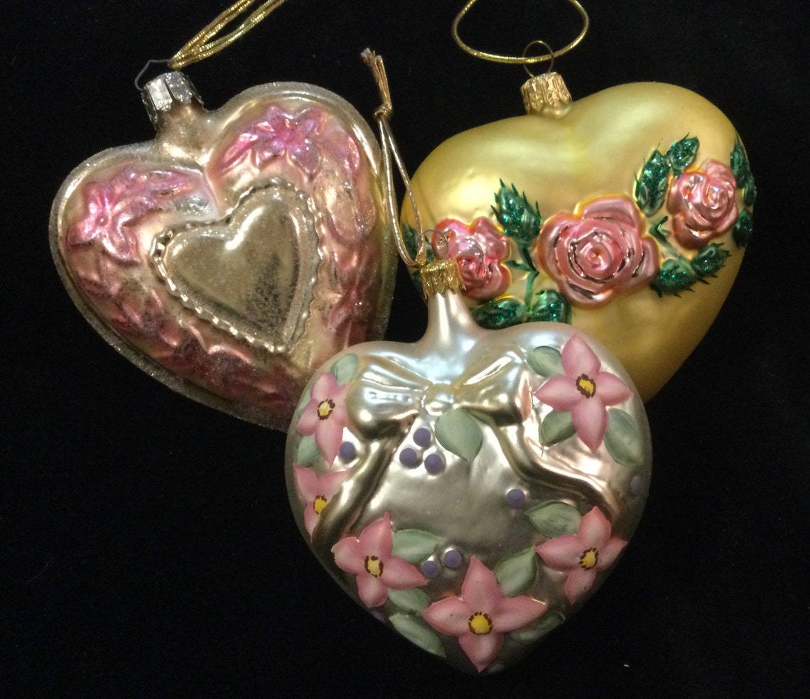 Valentine Heart Ornaments 3pc Mercury Glass Christborn Pink Etsy