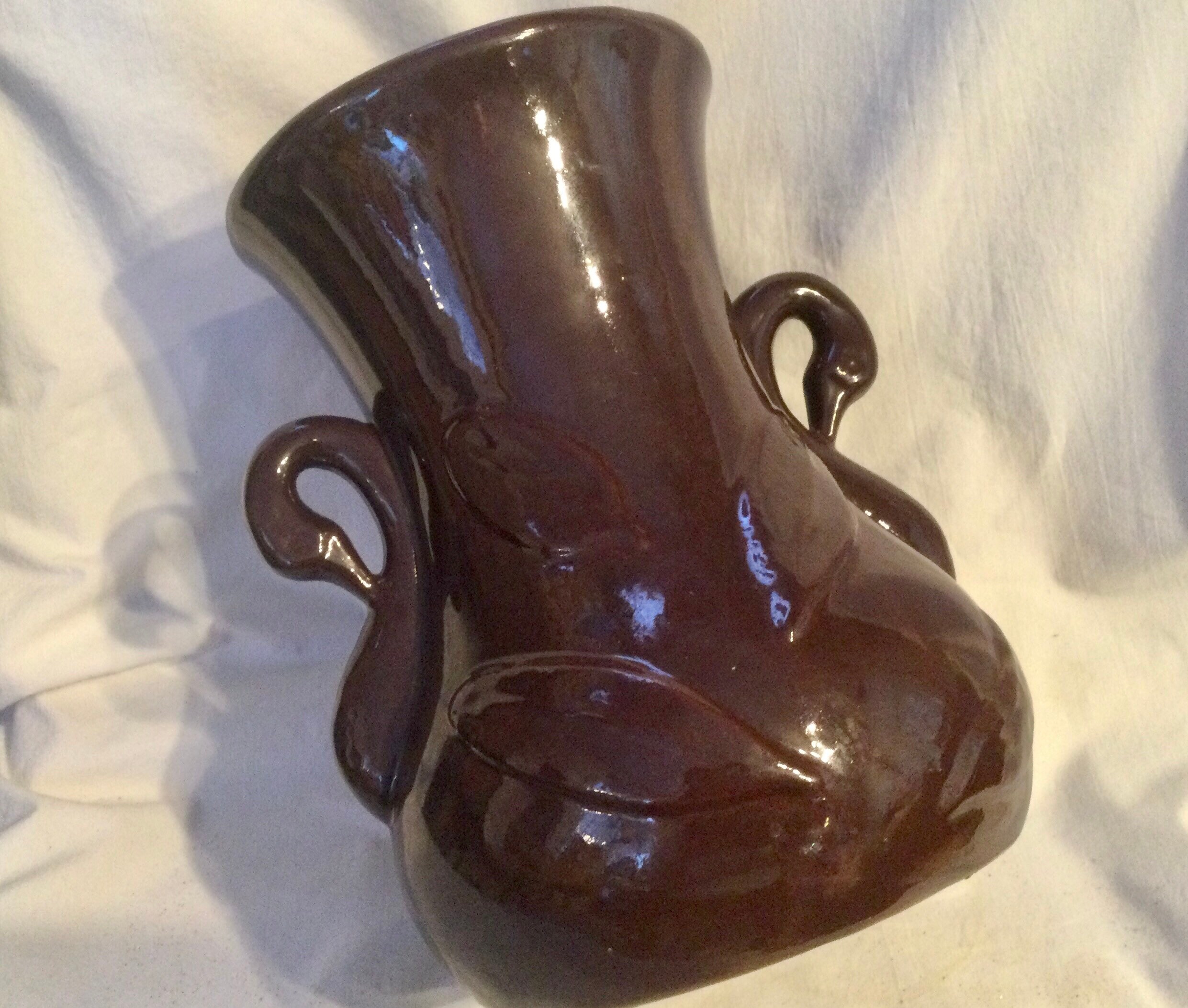 Mccoy Vase/Figural Swan/Double Handle/Shawnee?/Brown Glaze Pottery/Earthenware/Collectible/Large 9.5"/Vintage 1940S