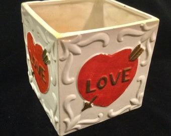 1950 Valentine Vase-Planter-Flowerpot-Plant Pot/Ceramic/Red Heart/Cupid’s Arrow “Love” Japan/Valentine’s Day Gift/Small Square 4.25”/Vintage