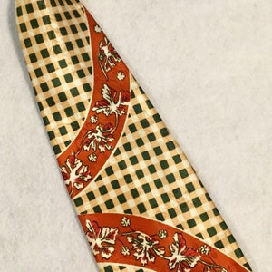 1940s Mens Tie-Necktie/Art Deco Smoothie Silk Jacquard/Buffalo Check Plaid/Leaf Print/Red-Green-Gold/4.5Wx 53L/Vintage image 3