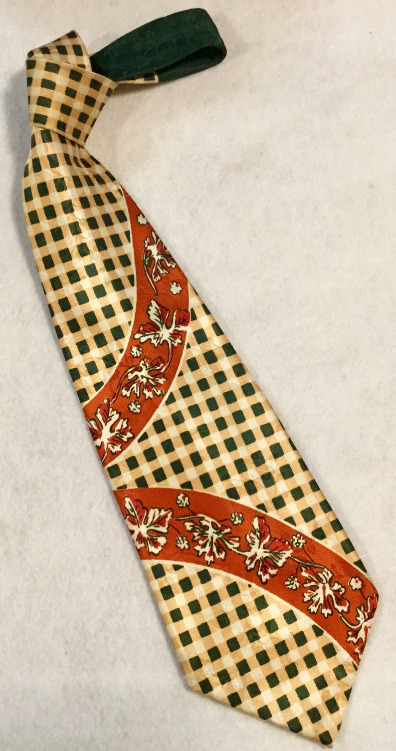 1940s Mens Tie-Necktie/Art Deco Smoothie Silk Jacquard/Buffalo Check Plaid/Leaf Print/Red-Green-Gold/4.5Wx 53L/Vintage image 3