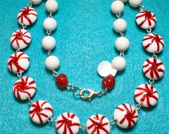 Faux Candy Beaded Necklace Choker+Earrings/Christmas Red & White Lampwork Glass Beads/Fake Candy Cane-Peppermint Stick/2 Piece  SET/Handmade