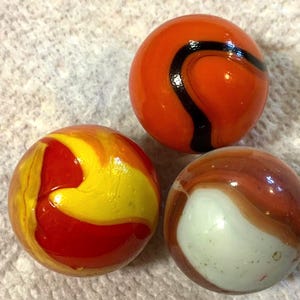 Boulder Shooter Marble/Blown Glass/Orange+Black/Orange+Yellow/White+Brown/Lamp-Work/Large 1” Size/3 Piece Set/Vintage