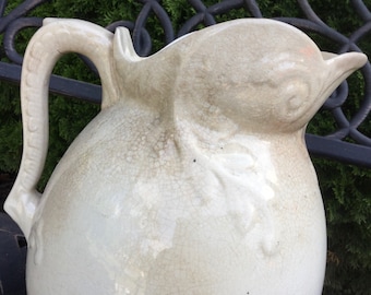 XL Ironstone Water Pitcher-Vase/White/Brown Tea Stained Aged Patina/Embossed/Handle/English/Country Kitchen/Large 6 Quart/Vintage 1800
