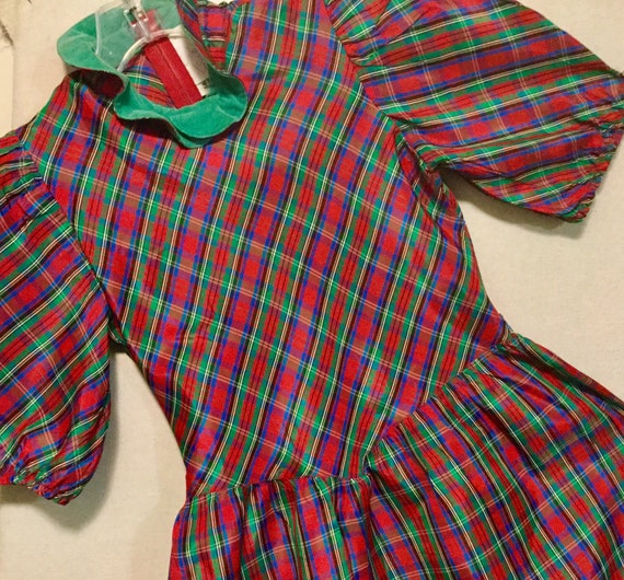 1980s Girl’s Christmas Dress/Red-Green Tartan Pla… - image 1