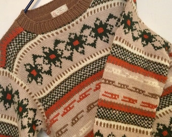 Vtg Hand-Knit Pullover Sweater/Ski Sweater/Nordic-Scandinavian Fair Isle/Beige-Tan/Bulky/Winter/Mens-Woman’s-Unisex (Chest 38”) Vintage