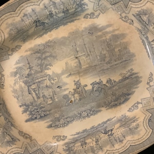 Ironstone Platter-Plate/Blue Transfer-Ware/Staffordshire?/English Victorian Scene/Large Oval 13x16”/CHIPPED/Vintage Antique 1800s