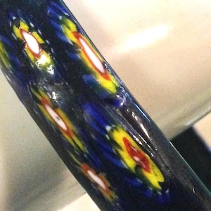 Millefiori Bangle Bracelet/Blown Glass/Blue + Red Multicolor Flowers/“India”/Narrow 1/2”W/Vintage