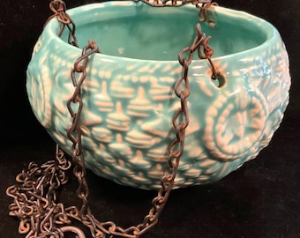 McCoy Planter-Vase-Plant Pot/Hanging/Ceramic Pottery/Basketweave/Green-Aqua-Turquoise/Original Chain/Vintage 1930-1940