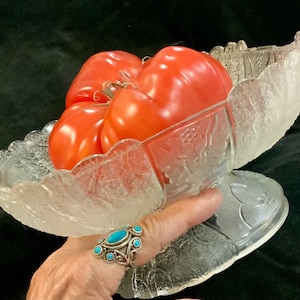 Glass Compote Dish/Pressed Glass/EAPG/Duncan & Miller Glass Co/Shell + Tassel Pattern/Square/Frosted/Footed/Large/Vintage Victorian Antique