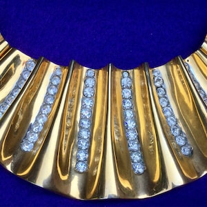Rhinestone Bib Necklace-Choker-Collar/Cleopatra-Style/Couture/Gold-Tone/Christmas-New Year&#39;s-Wedding/Large-Chunky/Vintage 1980s