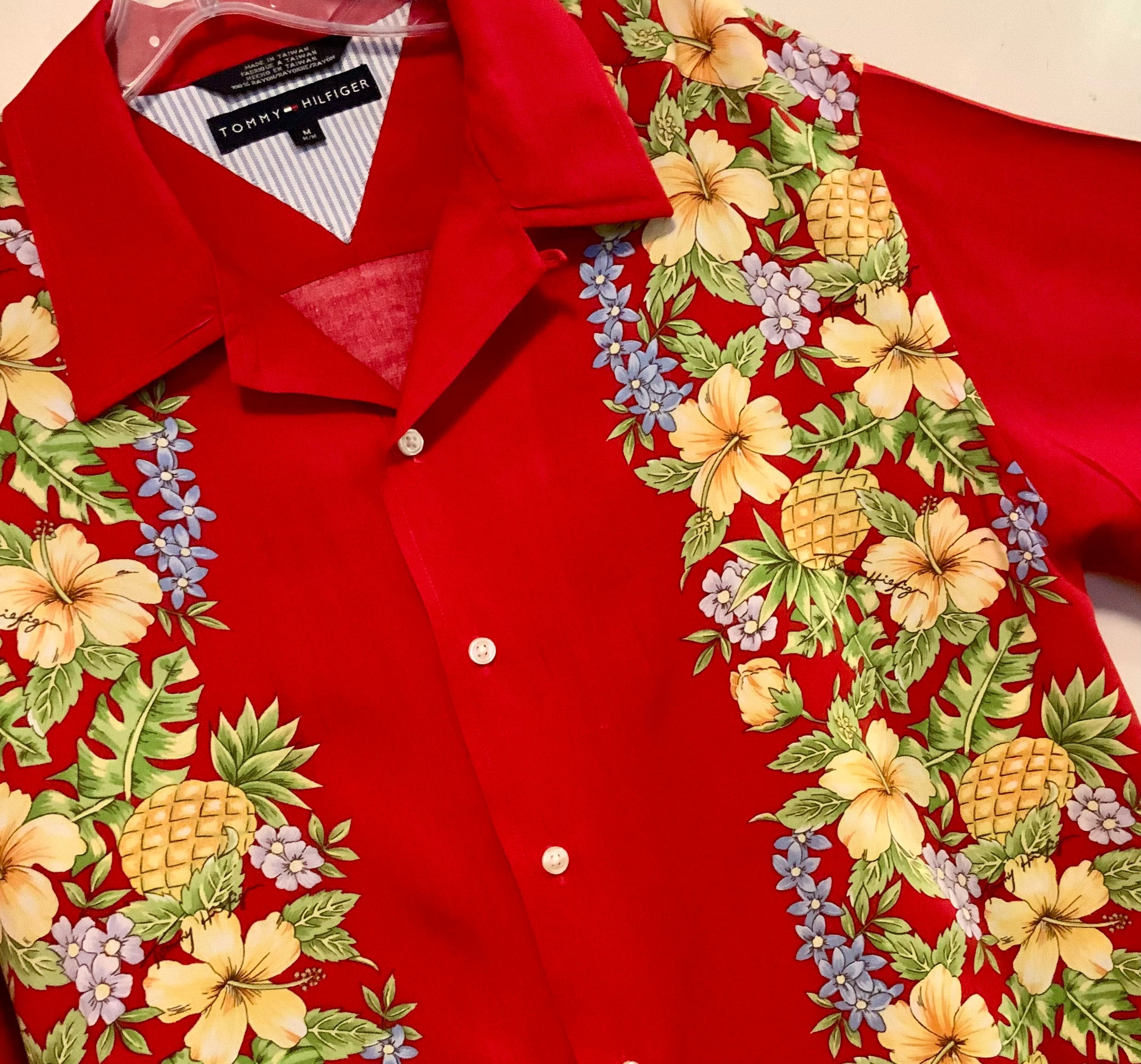 Vtg Tommy Hilfiger Red Hawaiian Shirt/pineapple+hibiscus Flower