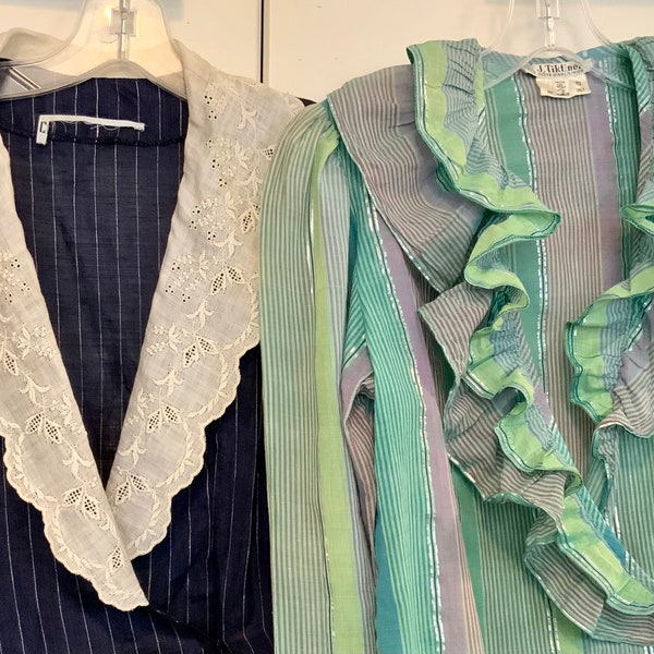 SALE— Ruffle & Lace Wrap Blouse SET/Button Up/Shawl Collar/J Tiktiner/Blue+Green/France/Neiman Marcus/Cotton/Preppy/Woman Small/Vintage 1980