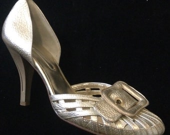 Gold High-Heel Shoes “Vero Cuoio” Metallic Leather/NOS/Woman’s Size Euro 39/Vintage 1980s