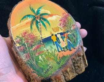 Haiti Wall Art Decor Painting Souvenir/Original Oil on Wood Raw Edge Tree Slice/Signed/Small 4”W x 5.5”H/Vintage 1950s