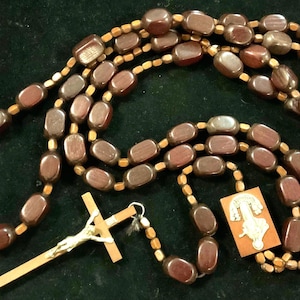 Rosary Prayer Beads/Wood Catholic Rosary/Religious/Large-Jumbo Brown Rectangle Beads/Large-Long 55”/Vintage