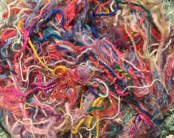 Yarn Strand Scraps Bits n Pieces/Art & Craft Supply/6 Ounce Destash/Pastel Multicolor Fibers/Mohair+Angora+Metallic/Vintage 1990s