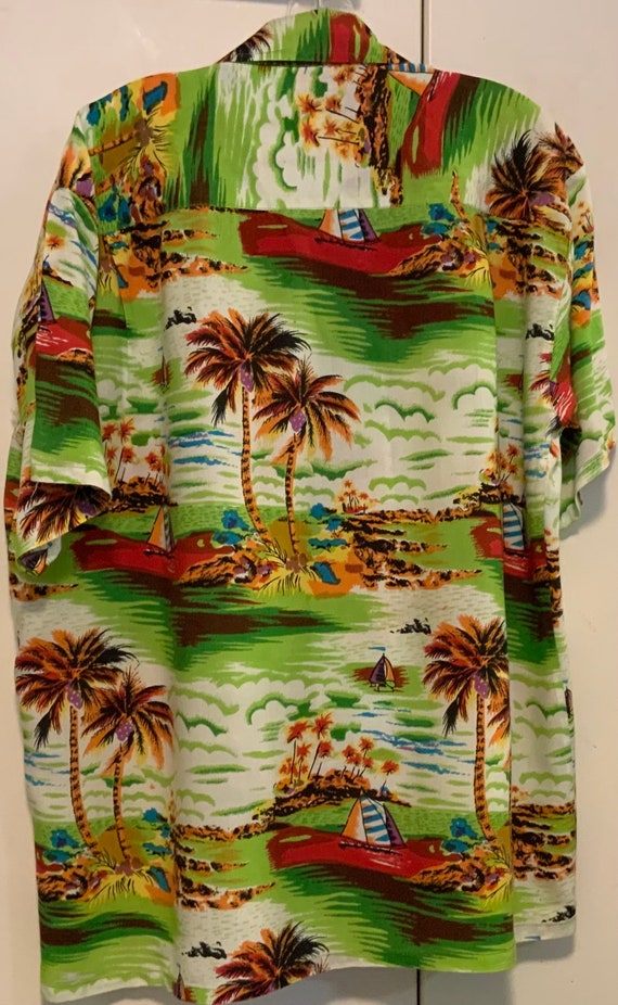 Vtg Hawaiian Shirt/Red & Green Tropical Print/Par… - image 5