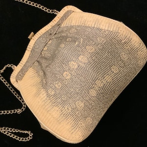 Bolso de piel de serpiente-Clutch-Bolso-Bolso de hombro-Cuaderno de bolsillo/Reptil genuino/Crema y gris/Convertible con cadena/NOS/Pequeño/Vintage